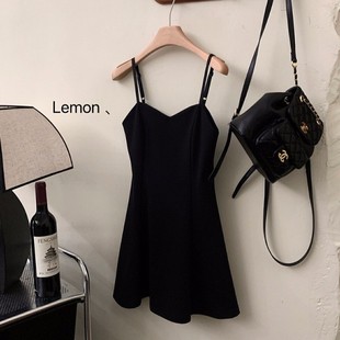黑色小个子a字短裙女夏天夜场性感V领吊带连衣裙显瘦心机沙滩裙子