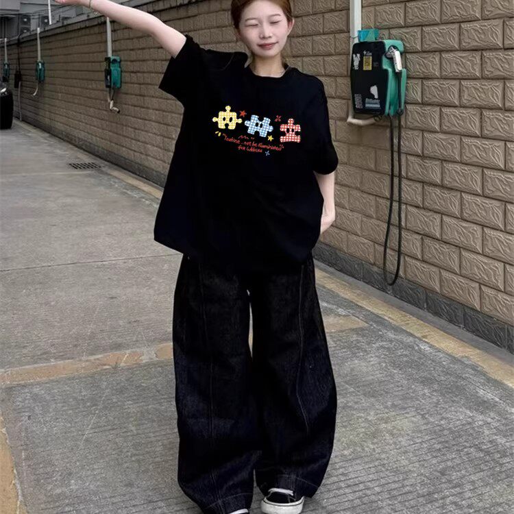 美式潮牌纯棉黑色短袖t恤女夏2026设计感小众慵懒风宽松半袖上衣