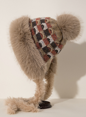 毛绒绒针织雷锋帽女格子毛球可爱毛线蒙古帽加绒加厚冬季防寒保暖