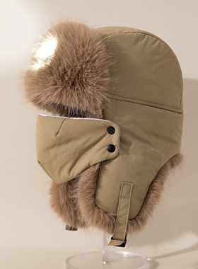 夜晚照亮头灯雷锋帽男护耳帽女冬毛绒保暖白色东北骑车帽防风防寒