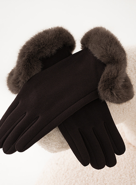 加大女士手套德绒毛边分指手套女生大手秋冬天保暖中青年开车触屏