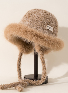 护耳帽渔夫帽女秋冬保暖加绒加厚全绒顶暖和毛毛系带防风骑车防寒