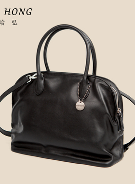 哈弘秋冬新款头层牛皮保龄球包大容量软包女款内里羊皮黑色百搭