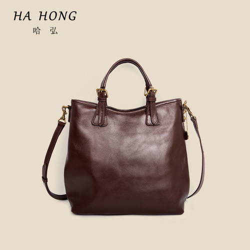 哈弘原创真皮复古英伦风托特手提斜挎单肩包头层牛皮通勤女包包