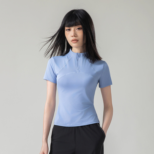半拉链瑜伽服短袖上衣女夏修身速干透气遮肚不带胸垫跑步运动T恤
