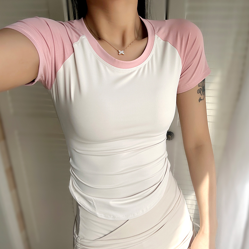 拼色紧身运动短袖专业跑步训练健身衣瑜伽服女夏季新款速干衣T恤