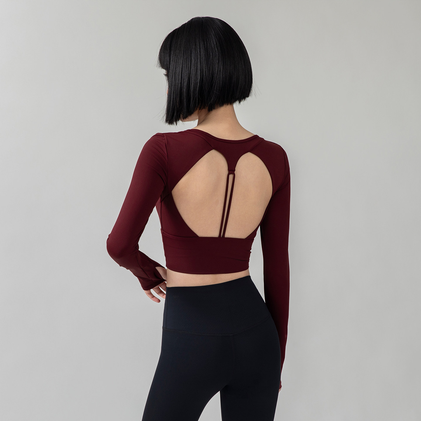 瑜伽服女美背圆领长袖显瘦含胸垫百搭短款健身服速干T恤运动上衣