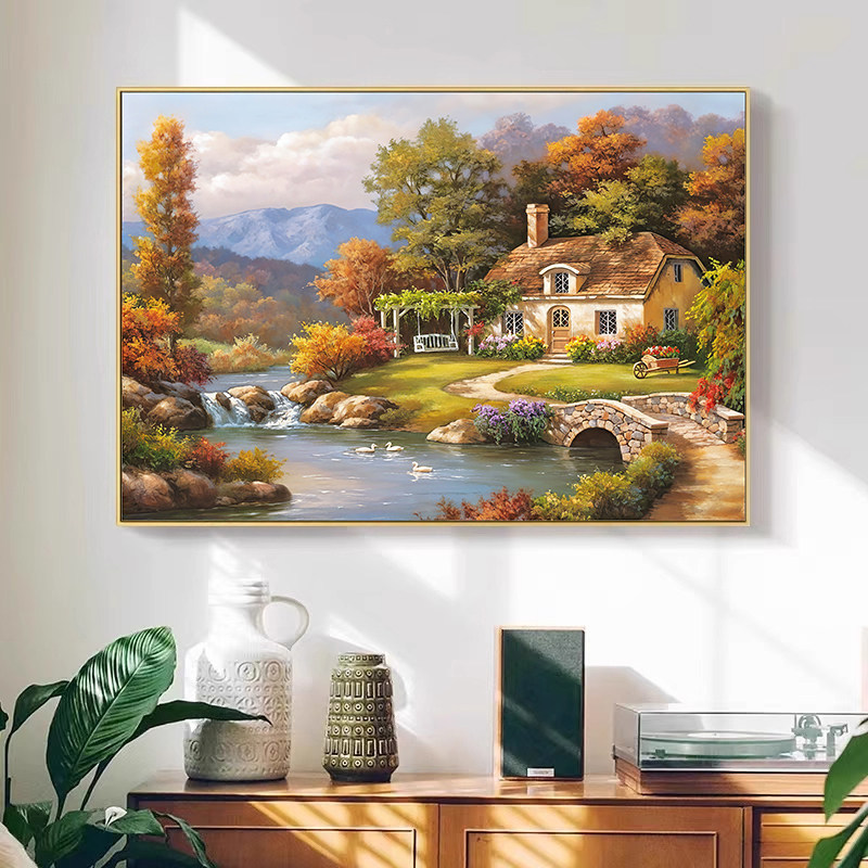 美式油画客厅装饰画欧式复古餐厅挂画山水风景卧室沙发背景墙壁画