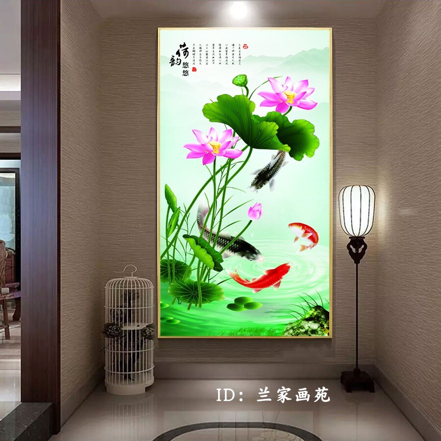 荷花轻奢水墨山水晶瓷画中式九鱼图莲年有余走道玄关墙锦鲤装网红