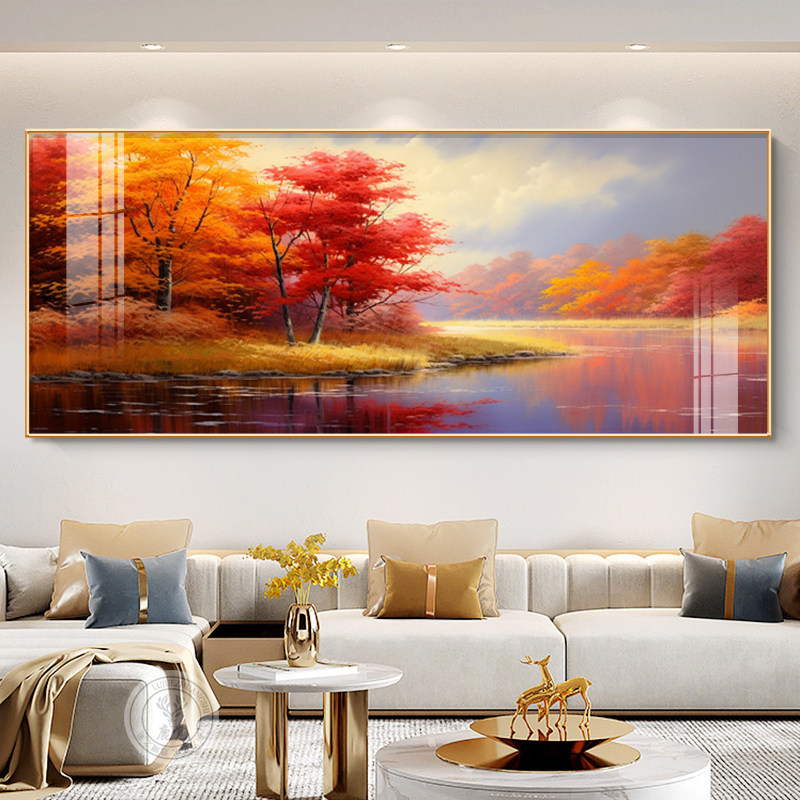客厅挂画沙发鸿运油画背景墙装饰画瓷画晶大气风景感当头高级高档