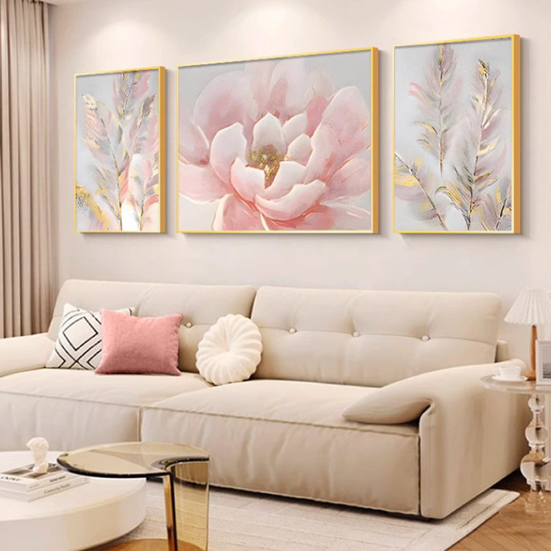 轻奢高级感客厅装饰画沙发背景墙壁画牡丹花卉三联画高档中堂挂画