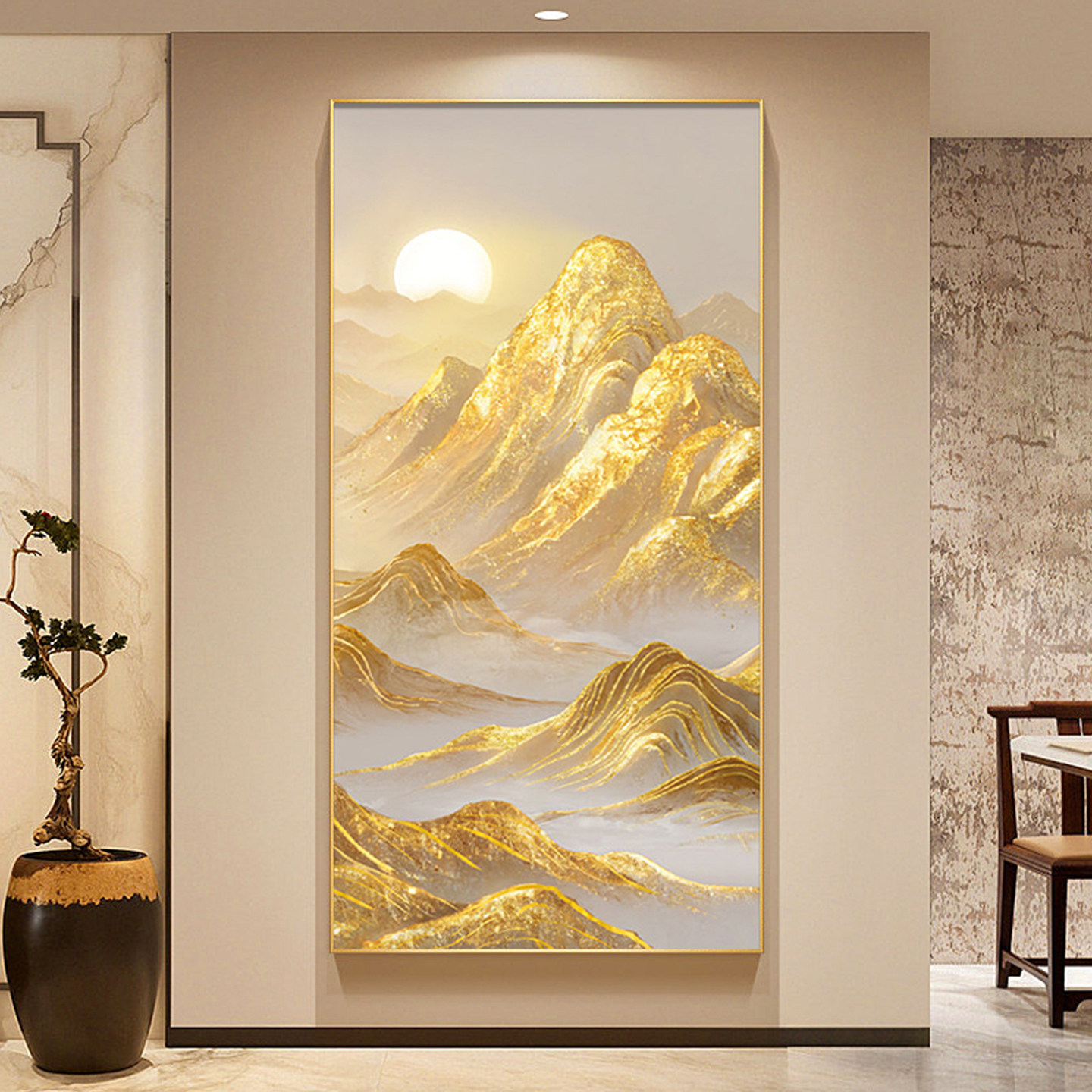 日照金山玄关装饰画轻奢高级感客厅入户正对门挂画走廊过道竖版画