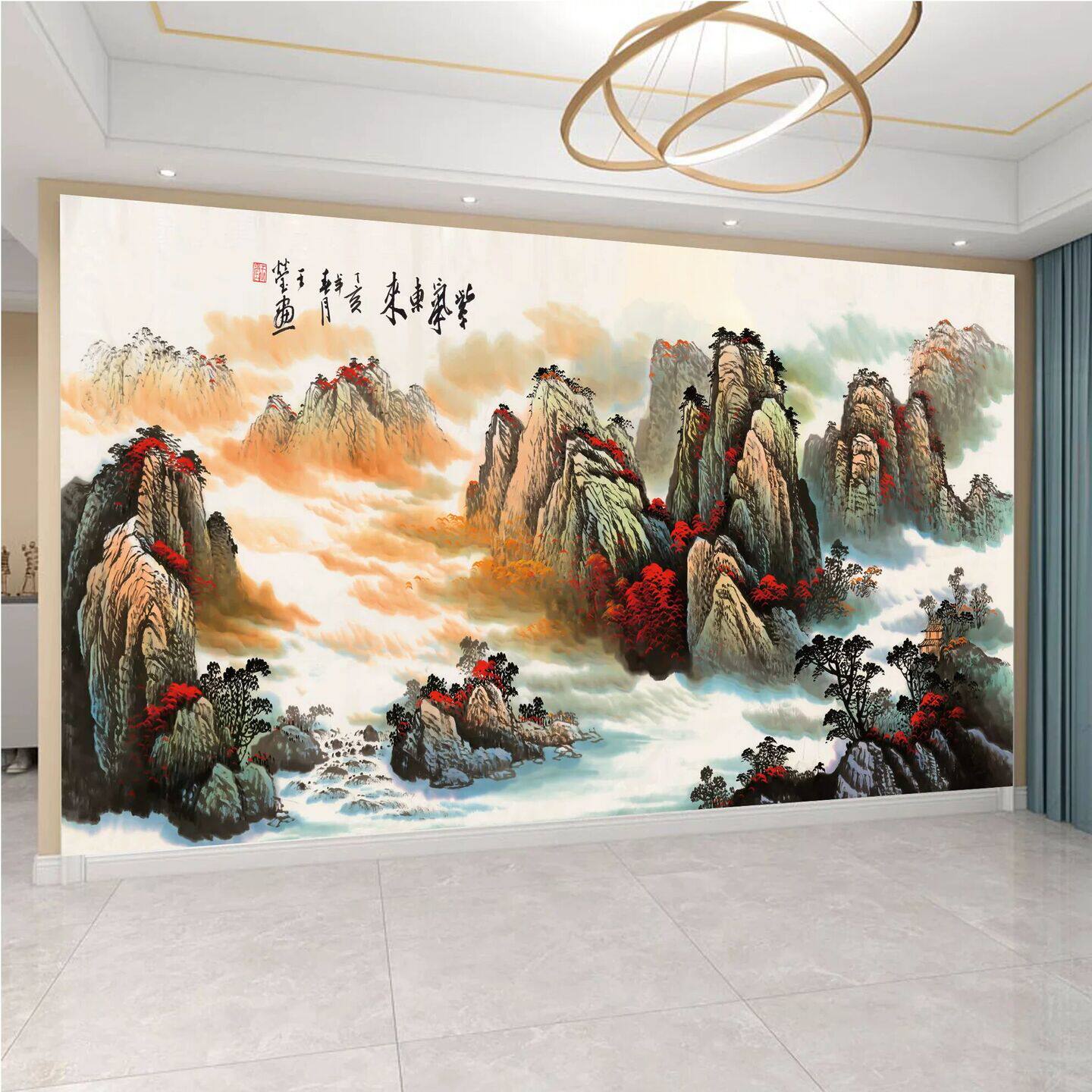 3D立体壁画山水画自粘墙纸墙贴客厅电视背景墙紫气东来现代装饰画