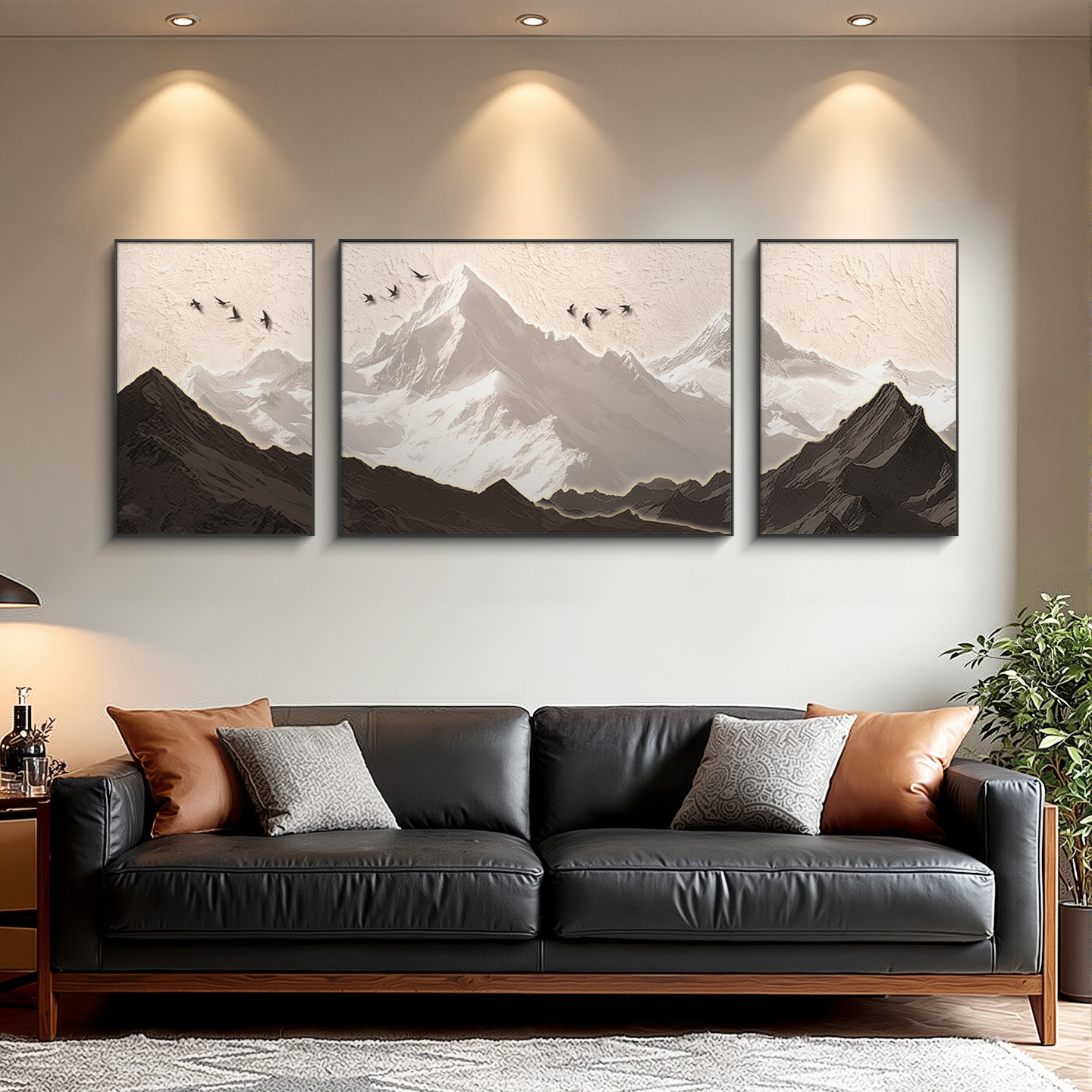 黑白现代简约客厅装饰画背有靠山沙发背景墙挂画大气三联组合壁画