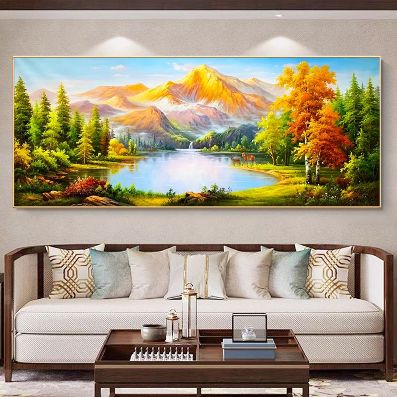 客厅壁画靠山图日照金山山水聚宝盆横版现代卧室挂画装饰风景