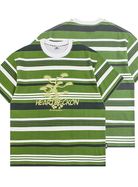 HEARTBECKON原创品牌新款【放青松】条纹印花情侣纯棉宽松短袖T恤