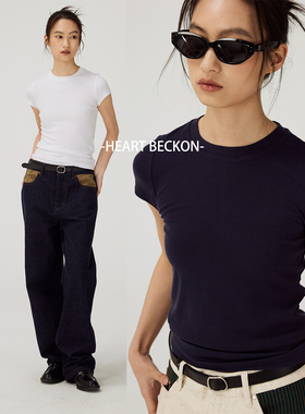 HEARTBECKON赫贝蔻新款美丽奴羊毛纯色修身显瘦女款圆领短袖T恤夏
