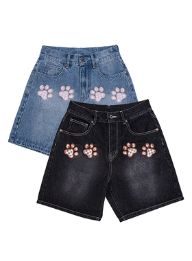 HEARTBECKON原创品牌【猫爪】刺绣复古女直筒宽松国潮5分短牛仔裤