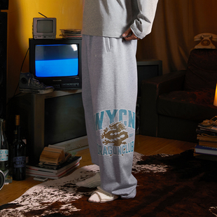 华人青年WYCN龙印花直筒卫裤 子 男潮牌休闲宽松垂感纯棉运动阔腿裤