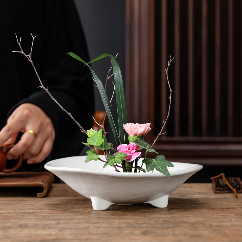水培花盆陶瓷大号复古花器中式日式剑山插花器皿鲜花禅意花盘底座
