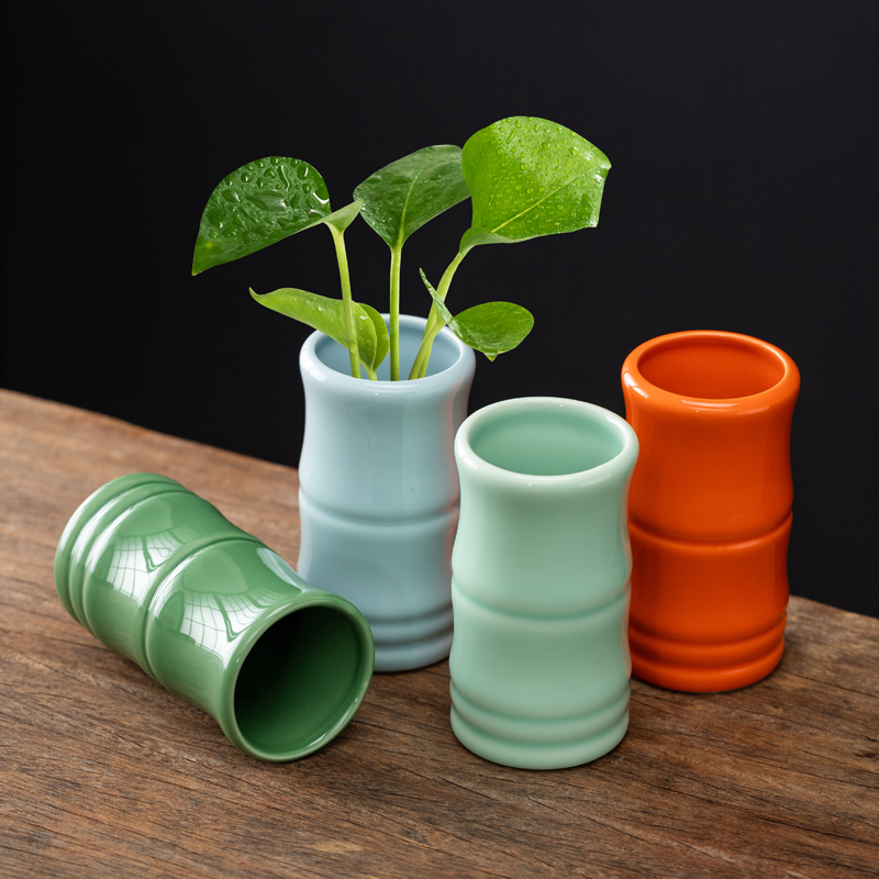 创意竹节陶瓷花瓶摆件客厅插花铜钱草绿萝水培器皿办公室桌面装饰