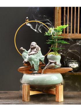 中式风流水喷泉弥勒佛鱼缸加湿器