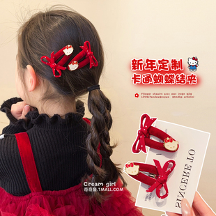 宝宝红色丝绒小猫蝴蝶结发夹秋冬女童可爱新年头饰儿童刘海侧边夹