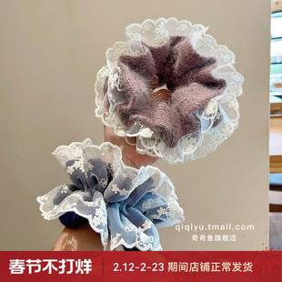 秋冬女童毛线针织蕾丝花边双层大肠发圈宝宝甜美扎头发丸子头发绳