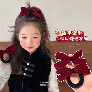儿童复古酒红丝绒蝴蝶结头饰女童扎高马尾头绳高级感过年宝宝发夹