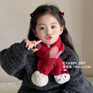 圣诞儿童红色小猫交叉围巾女童宝宝冬季 防风保暖女孩新年护颈围脖