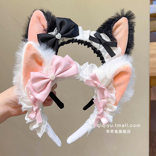 可爱毛绒软乎猫耳儿童发箍蝴蝶结女童头箍带齿防滑洛丽塔公主头饰