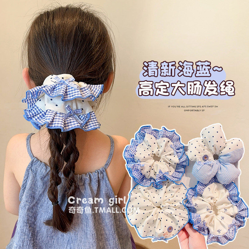 蓝色格纹儿童大肠发圈女童端午出游头饰大号发绳扎丸子头头花发饰