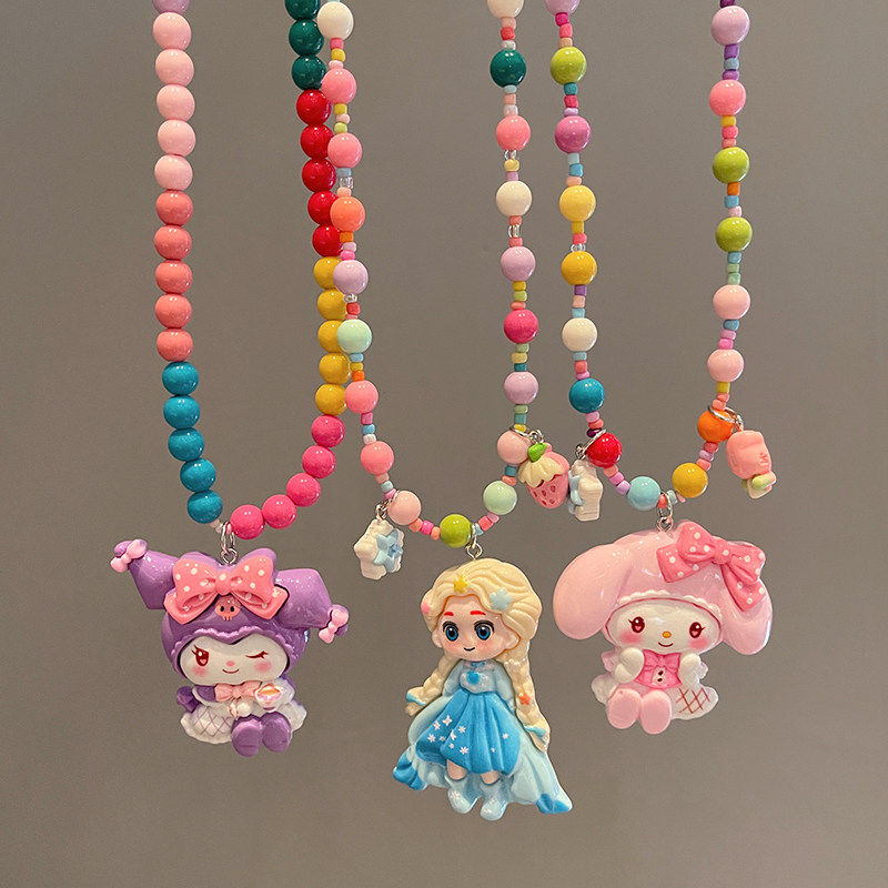 儿童配饰女童卡通公主串珠项链女孩公主吊坠颈链宝宝爱莎首饰装饰