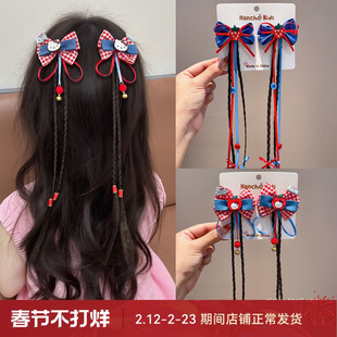 新年女童蝴蝶结假发辫儿童双马尾发夹新年麻花辫学生宝宝编发发饰