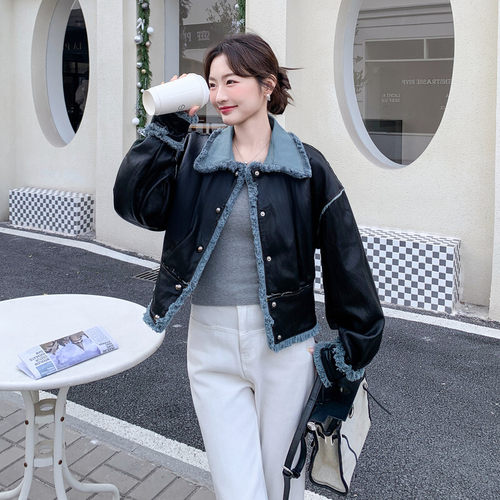 韩式设计感撞色拼接翻领外套女2026冬季宽松复古两件套美式修身通