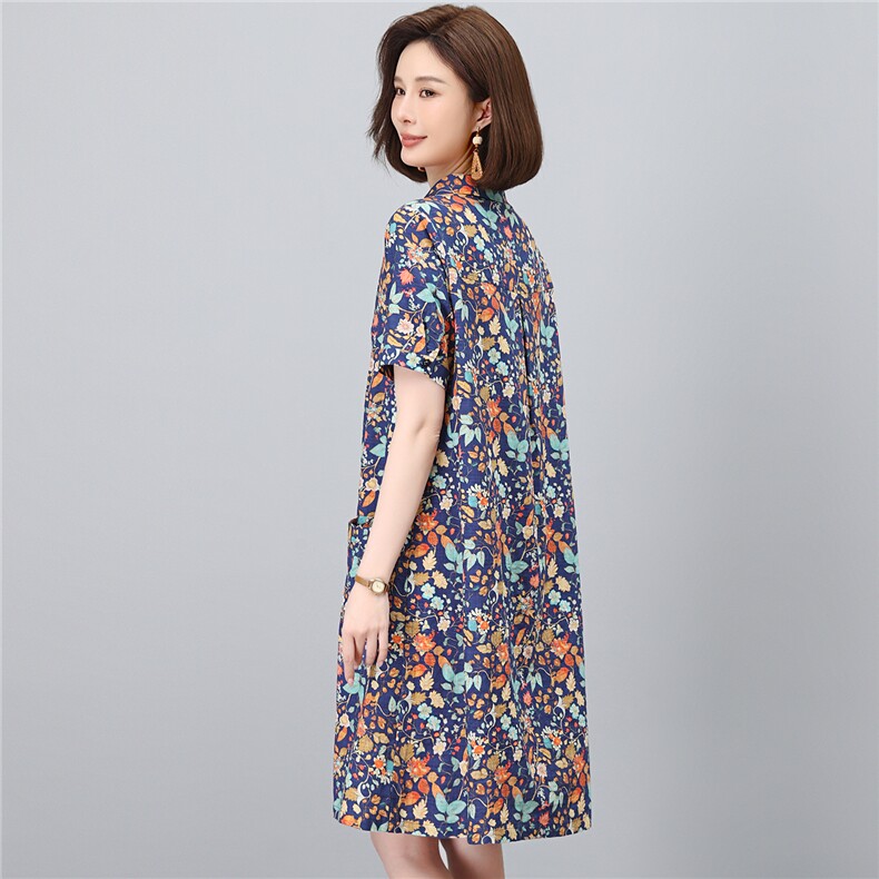 休闲碎花连衣裙女夏短袖翻领宽松减龄中长款蓝色花裙新中式直筒精