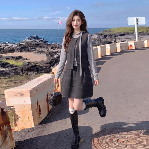 甜美时尚减龄波点马甲套装女2026秋季轻奢圆领两件套舒服好看202
