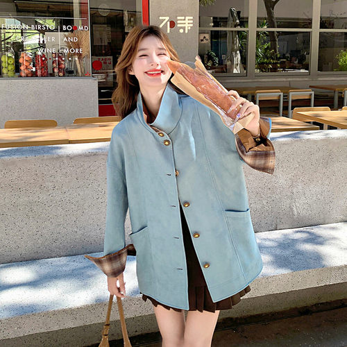 蓝色格纹拼接翻领外套女冬季两件套直筒减龄设计感套装轻薄简约特