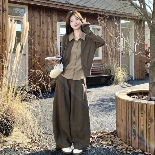 新款简约风假两件套装女2026秋季日式阔腿裤两件套轻薄流行感通勤