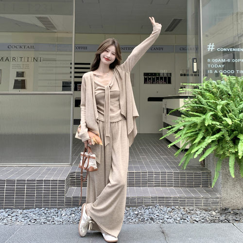 法式风针织两件套女2026秋季质感开衫吊带阔腿裤松弛感套装时髦美