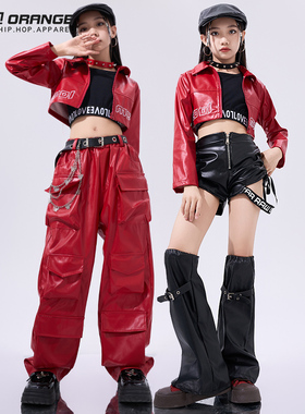 儿童爵士舞服装女童演出服红色潮服jazz舞蹈服套装多巴胺穿搭秋季