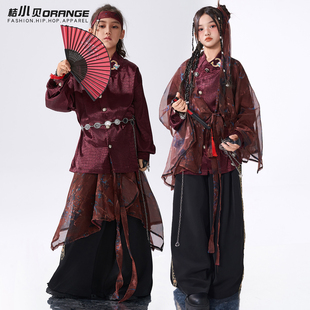 街舞儿童演出潮服男童汉服紫红色中国风国潮套装少儿合唱表演服装