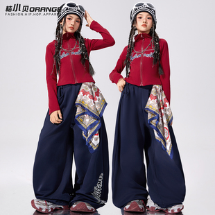 旦演出服套装 女童爵士舞服装 红色上衣少儿jazz模特走秀潮酷时髦元