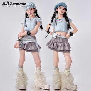 少儿爵士舞服装女童潮酷时髦蓝色jazz女团儿童街舞套装舞蹈演出服