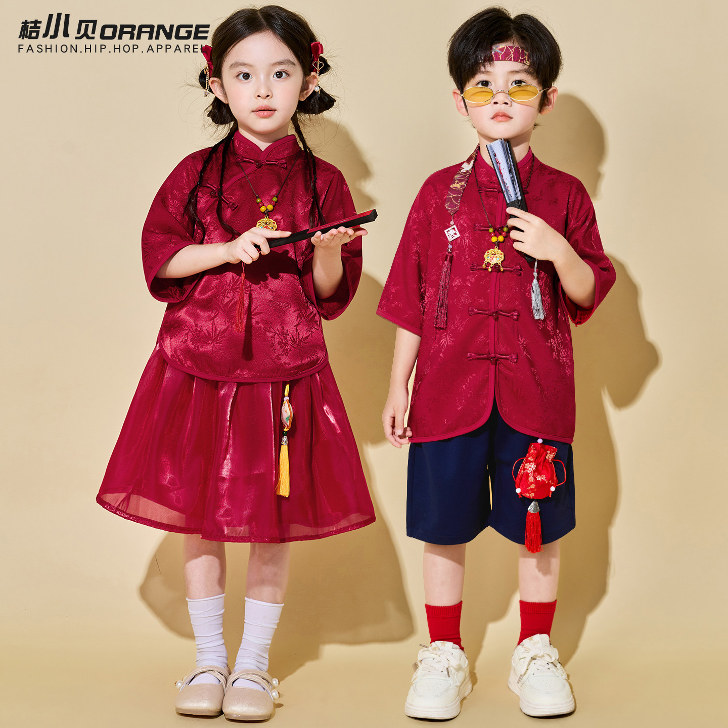 六一儿童表演服男童汉服幼儿园大红色女童旗袍班服合唱演出服套装