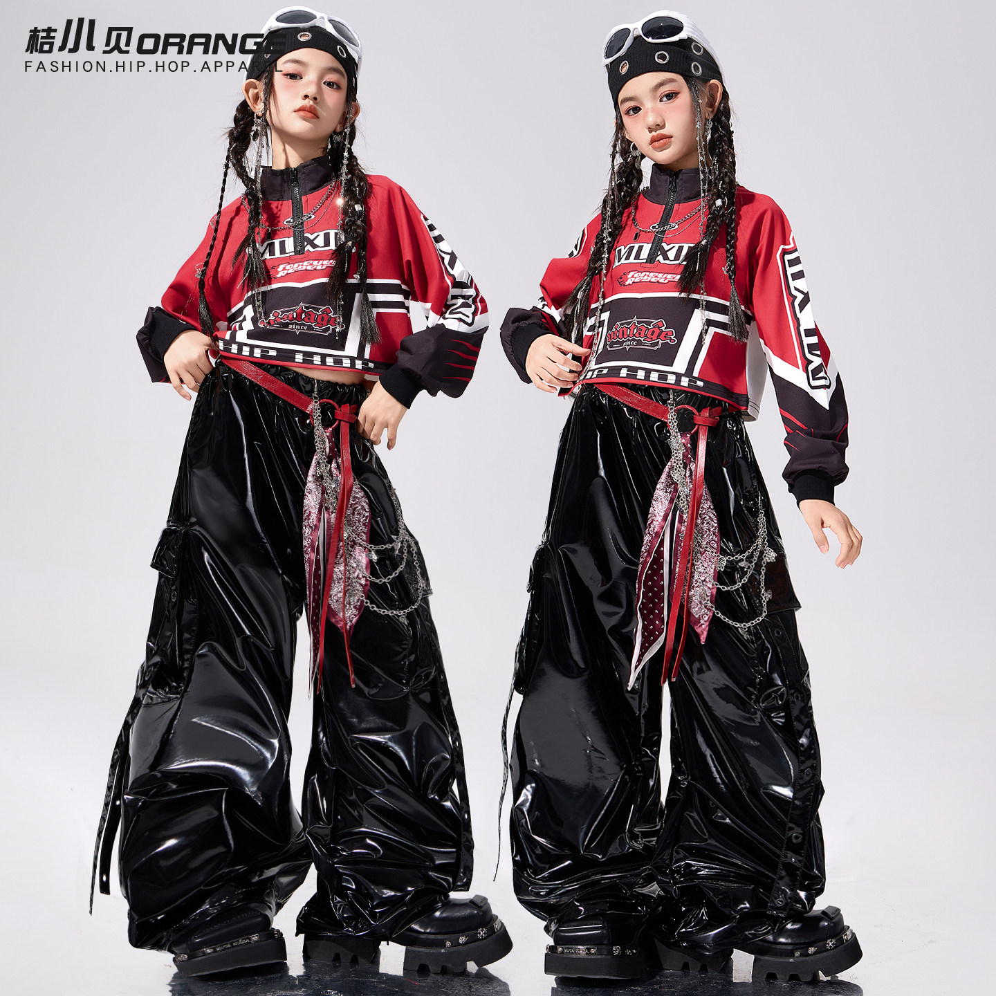 爵士舞女童演出服装元旦红黑套装