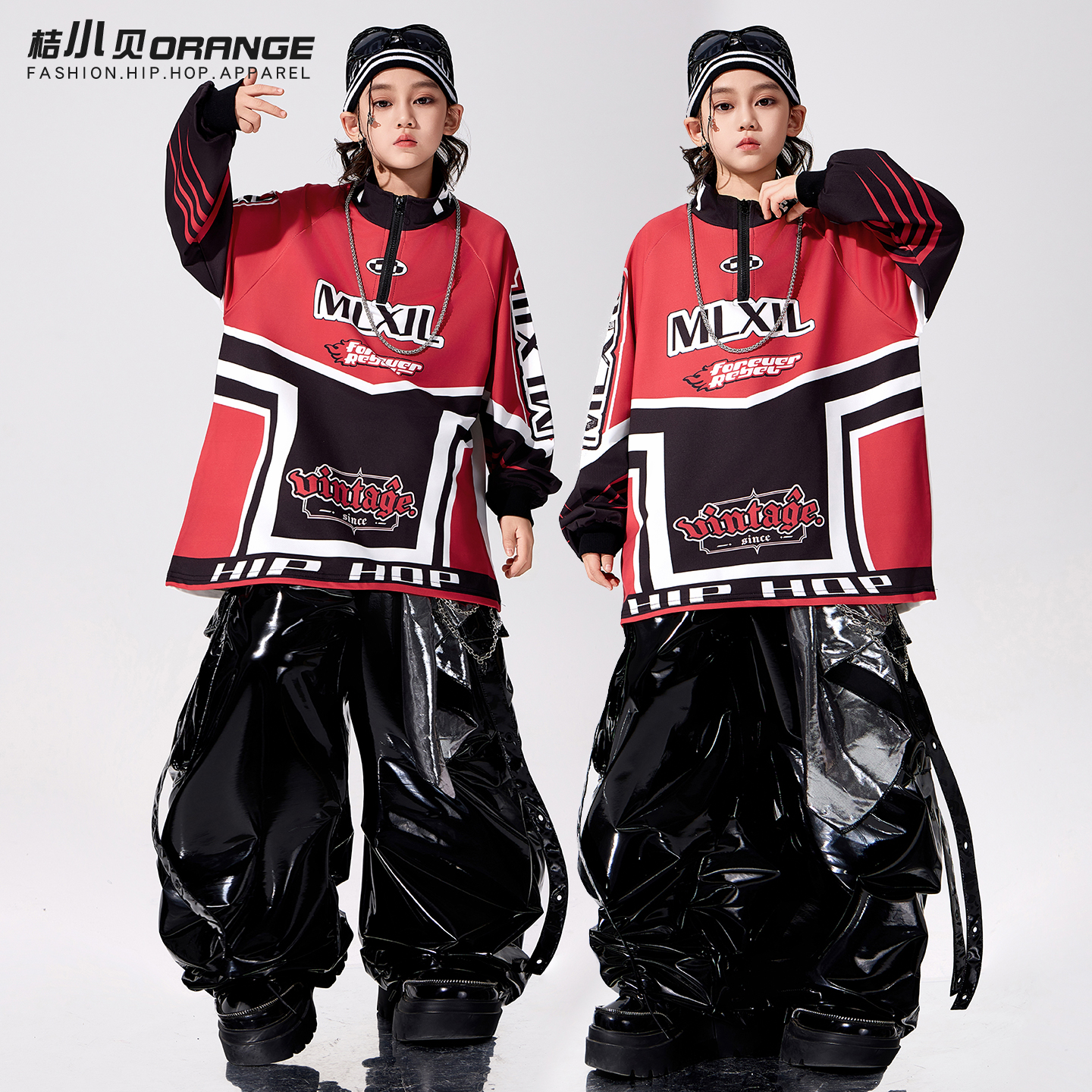 街舞儿童潮服男童红黑套装hiphop