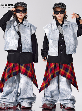 街舞儿童潮服男童灰色马甲套装hiphop架子鼓元旦演出服舞蹈表演服