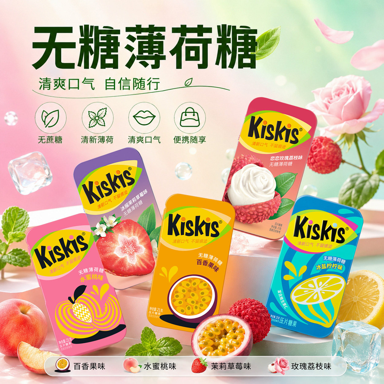 酷滋kiskis无糖薄荷糖香体约会随身清新口气接吻提神网红铁盒零食