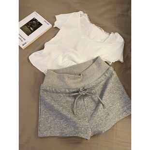 短裤 短袖 两件套简约风ins家居服 夏季 纯色蕾丝边睡衣女2025年新款